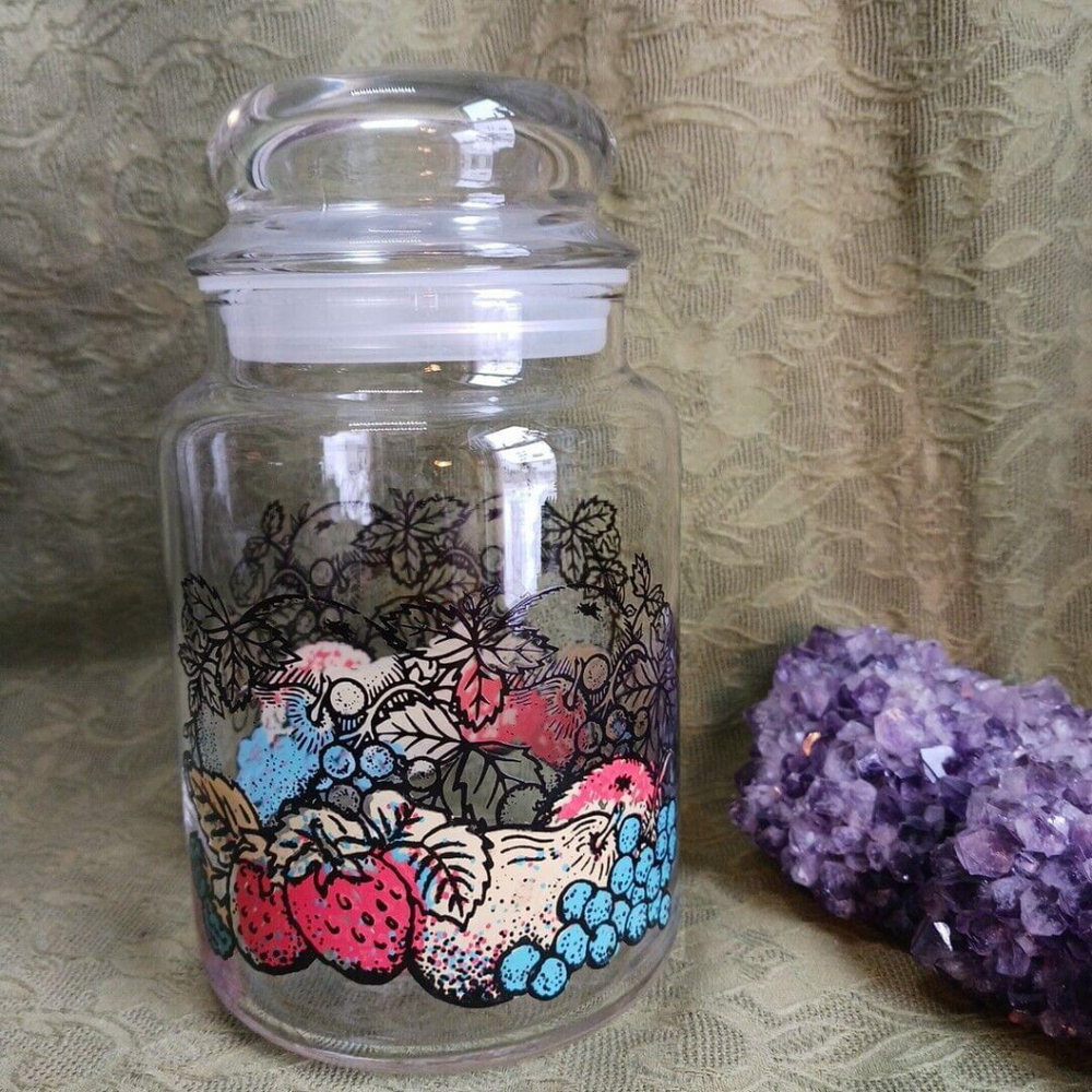 Anchor Hocking Glass Jar Canister Fruit Motif 7" Vintage